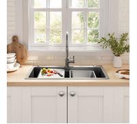 Évier cuisine à encastrer 75 × 45 cm Inox PVD double bac avec planche à découper, panier d'égouttage et 3 trous gris