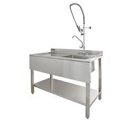 Évier Cuisine Commercial en Acier Inoxydable & Robinet de Pré-rinçage - Drainage Egouttoir à gauche- Parfait pour Restaurants, Cantines, ... [Bouchons & Microfibres GRATUITS]