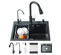 Évier cuisine Evier Inox avec Egouttoir Noir | Évier Cuisine en Acier Inoxydable et Distributeur de Savon Panier,pour Robinets 55*45 * 21cm Noir