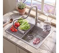 Évier Cuisine Inox 304 Plaque Dégivrage & Robinet Extractible Famille 50x45 | Résistant aux rayures, hydrofuge, avec bac à verres, robinet rétractable, planche à découper