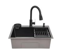 Évier cuisine inox 60x45cm noir robinet extractible kit complet 1 bac | Nano anti-rayures, 60x45x20cm, robinet extractible 2 jets, égouttoir, rince-tasses, savon, bonde, multi-pose
