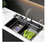 Évier cuisine inox multifonction 75×45×21cm, cascade 2 modes, écran digital, robinet 3 fonctions, embout silicone lavable