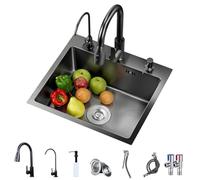 Évier Cuisine Inox Noir 1 Bac 55x45 cm,Évier Encastrable avec Cuve Profonde | Évier Inox Encastrable avec Cuve Profonde 20 cm, Évacuation en X, Robinet et Kit de Vidage Complet pour Cuisine Moderne