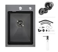 Évier Cuisine Noir 35 x 45, Inox, 1 Bac, 2 Trous, Encastré, Siphon, Cuisine | Acier Inox, 2 Trous pour Robinet, Trop-Plein, Siphon, Distributeur de Savon, 1 Bac, Petit Évier, Encastré, Cuis., 35x45, Noir