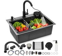 Évier Cuisine Noir, Evier Cuisine 1 Bac Inox, Évier Multifonction Robinet Extractible 60 cm à 2 Jets, Rince-Verre, Distributeur de Savon et Égouttoir, Pose Sur Plan, à Fleur Ou Sous Plan