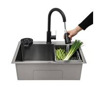 Évier Cuisine Noir, Evier Cuisine 1 Bac Inox, Évier Multifonction Robinet Extractible 60 cm à 2 Jets, Rince-Verre, Distributeur de Savon et Égouttoir, Pose Sur Plan, à Fleur Ou Sous Plan (60 * 45 CM)