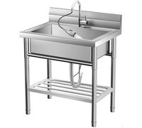 Évier Cuisine Utilitaire Commercial en Acier Inoxydable, Petit Évier Autoportant à Cuve Simple avec Robinet,50x50x86cm