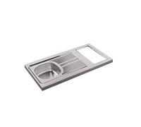 Evier cuisinette en inox 18/10, hauteur 5 cm, 1 cuve, découpe pour domino, vidage complet, bonde diamètre 6 cm, bouchon