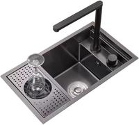 Évier De Bar Avec Rinceur De Verre, Évier De Cuisine De Préparation Encastré En Acier Inoxydable, Bol Simple De 21,7 Pouces, Avec Robinet Pliable, Distributeur De Savon (Color : Black, Size : 55 * 32