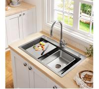 Evier de Cuisine 1 Bac avec Planche a Decouper, Bac Interieur, Double Filtration et 3 Trous - TCQPZ - Inox PVD - Gris