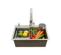 Évier de Cuisine 1 Bac Inox, 55 × 40 × 20 cm, Argent | Robinet Extractible Pivotant 360°, Égouttoir Extensible, Lave-Verre, pour Cuisine, Restaurant et Café
