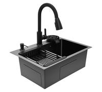 Évier de Cuisine 1 Bac Inox, 55 × 40 × 20 cm, Noir | Robinet Extractible Pivotant 360°, Égouttoir Extensible, Lave-Verre, pour Cuisine, Restaurant et Café