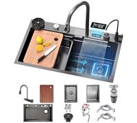 Évier de cuisine 68 × 45 cm avec cascade, robinet cascade LED pour lieu de travail, planche à découper mobile et évier haute pression, compact et multifonctionnel