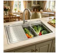 Évier de cuisine 70 x 50 cm en acier brossé 304 avec planche à découper Dr Rack et Clete Dr Kit montage encastrable ou supérieur
