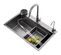 Évier de cuisine à cuve unique en acier inoxydable avec pulvérisateur extractible, passoire, planche à découper et accessoires, 80 x 45 cm