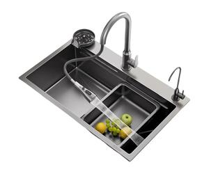 Évier de cuisine à cuve unique en acier inoxydable avec pulvérisateur extractible, passoire, planche à découper et accessoires, 80 x 45 cm