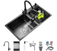 Évier de cuisine à double bol noir Nano Évier de bar multifonctionnel en acier inoxydable Évier de camping-car avec robinet extractible Panier de vidange Distributeur de savon et composants de dr
