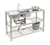 Évier de cuisine à double évier autonome en acier inoxydable avec 2 bacs, meuble de cuisine, robinet rotatif à 360° et tamis de vidange, 120 x 45 x 80 cm