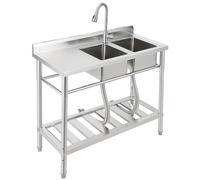 Évier de cuisine autoportant en acier inoxydable 99 × 46 × 102 cm, 1 bac, évier commercial avec robinet, tuyaux d'eau froide et chaude, pour buanderie, cuisine extérieure, gastro, magasin, restaurant