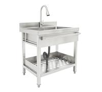 Évier de Cuisine Autoportant Inox 201 sur Pied, Robinet, Extérieur Jardin | Bassin 63x40x19,5cm, charge 200kg, robinet extractible, étagère, porte-serviette, anti-éclaboussures, pieds réglables.