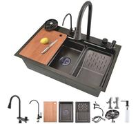 Évier de cuisine avec cascade, 85x45 cm grand évier noir, évier multifonction 1 cuve avec lave-verres, planche à découper, robinet extractible et égouttoir, Bokaiya évier multifonction noir