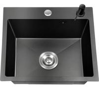 Evier de cuisine - bac simple - inox 201 - 41 x 30,5 cm - panier-égouttoir - distributeur de savon 150 ml - trop-plein - sans robinetterie - noir