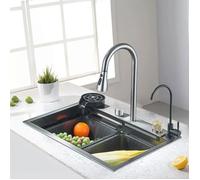 Évier de Cuisine Cascade 60 * 45CM Évier Cuisine en Acier Inoxydable avec robinet rétractable comprend un kit de plomberie complet