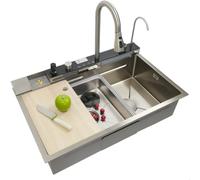 Évier de cuisine cascade 85 x 50 cm, 1 bac en acier inoxydable brossé, évier de cuisine avec robinet intégré, écran d'affichage numérique, panier de vidange, évier intérieur de rechange, siphon, bonde
