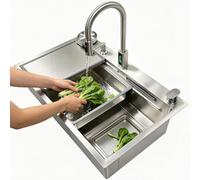 Évier de cuisine cascade 90 x 50 cm avec indicateur de température, robinet en acier inoxydable 304 brossé, station de travail multifonction avec bouton rotatif, distributeur de savon, lave-verres