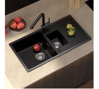 Évier de cuisine - CECIPA MAX - 86x45cm - 1,5 bac (grand+petit) - Égouttoir réversible - Granit noir résistant