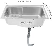 Évier de cuisine - Cuve simple en acier inoxydable - Dimensions 65 × 44 × 20 cm - Sans robinetterie - À poser ou à encastrer - Panier égouttoir et kit de vidange