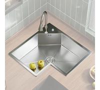 Évier de cuisine d'angle en acier 304 Inless 50 x 50 cm avec robinet rabattable et kit de vidange, idéal pour un usage domestique et commercial, design peu encombrant