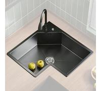 Évier de cuisine d'angle en acier 304 Inless 70 x 70 cm avec robinet rabattable et kit de vidange - Parfait pour un usage domestique et commercial, Ele Black h, design peu encombrant