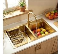 Évier de cuisine double bac 75x40 cm inox doré brossé 2 Bacs - Avec 2 trous pour robinet, égouttoir, bonde et siphon inclus - Encastrable sous-plan/sur-plan - Idéal pour grande cuisine familiale