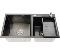 Évier de cuisine - double bac - acier inoxydable 304 - 78 × 43 × 22 cm - avec distributeur de savon et panier filtrant - 1 trou - sans robinetterie - noir