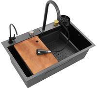 Évier de cuisine - double bac avec robinetterie extractible - acier inoxydable - rectangulaire - extension 30 cm - 2 trous - à poser/affleurant - panier filtrant, planche à découper, lave-verres/tasse