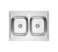 Évier de cuisine double en acier inoxydable - 80 x 60 cm - Avec 2 bacs et siphon