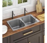 Évier de cuisine double en acier inoxydable avec tamis et siphon, évier encastrable 84 x 48 x 22 cm, résistant aux rayures, aux taches, avec égouttoir pour cuisine et buanderie