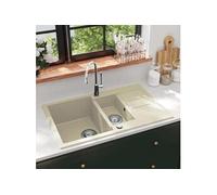 vidaXL Évier de cuisine double en granit encastré réversible, égouttoir et trou robinet – Beige