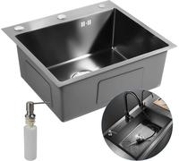 Évier de cuisine en acier inoxydable 201 - À encastrer sous plan, cuve simple - 50 × 45 × 20 cm - Sans robinetterie - Distributeur de savon 200 ml - Noir