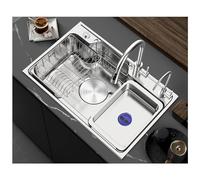 Évier de cuisine en acier inoxydable 304 avec robinet extractible, poste de travail multifonctionnel, bouton de vidange et robinet, revêtement nano - Grand évier à barre argentée