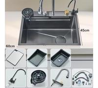 Évier de cuisine en acier inoxydable 304, modèle à double cuve encastrable, dimensions 60x45 cm, avec deux trous pour robinet, comprenant robinet, distributeur de savon et douchette à verre, finition