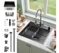 Évier de cuisine en acier inoxydable 45x40cm, évier de cuisine encastrable pour meuble bas, avec distributeur de savon, panier de drainage, raccord de vidange Argent