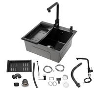 Évier de cuisine en acier inoxydable 50 x 45 x 20 cm avec robinet extensible, égouttoir, panier d'égouttement, distributeur de savon et valves d'angle, évier encastrable antirouille, protection contre