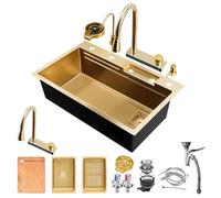 Évier de cuisine en acier inoxydable de 85 x 50 cm, évier multifonction D, bol simple avec pulvérisateur rétractable et ensemble d'accessoires