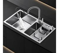 Évier de cuisine en acier inoxydable double cuve,poste de travail sous plan | Bol double profond avec égouttoir,crépine et robinet rétractable for la cuisine,la buanderie et le bar(69/38cm/27.2/15in)