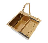 Évier de cuisine en acier inoxydable - Évier multifonction - À simple bol - 55 x 50 cm - Doré - Avec robinets, panier d'égouttement, distributeur de savon
