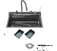 Évier de cuisine en acier inoxydable, grand bac unique, robinet à affichage numérique, 4 boutons, L 75 x 45 cm