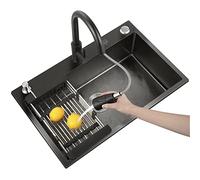 Évier de cuisine en acier inoxydable noir avec robinet extractible, qualité 304, avec égouttoir et accessoires, dimensions : 75 x 45 x 20 cm, design moderne pour la maison et le bar