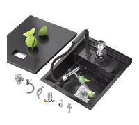 Évier de cuisine en acier inoxydable noir avec robinet rabattable et rondelle à tasse dissimulée, bol unique, idéal pour la maison, l'appartement, le bar, le camping-car - Kit d'installation facile